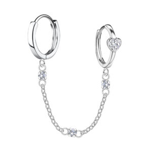 Silver Heart Double Huggie Earrings with Chain - 22589