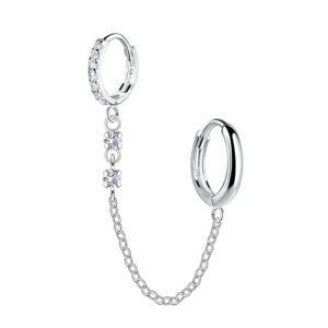 11mm Silver Double Huggie Earrings with Chain - 22590