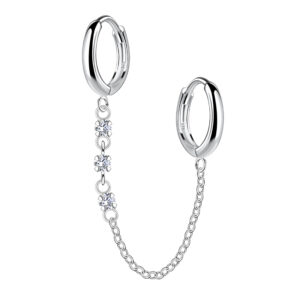 Silver Double Huggie Earrings with Chain - 22591