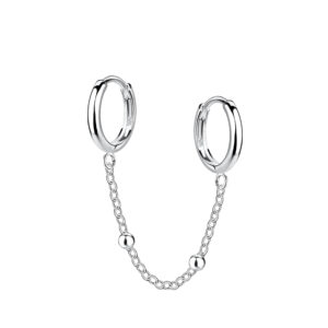 Silver Double Huggie Earrings with Ball Chain - 22592