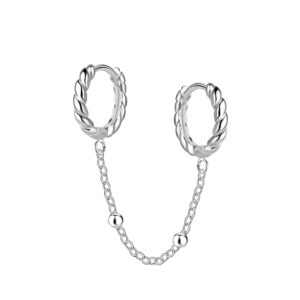 12mm Silver Double Twisted Huggie Earrings with Chain - 22593