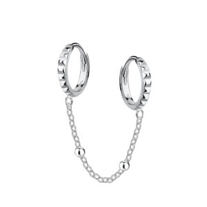 Silver Patterned Double Huggie Earrings with Chain - 22594