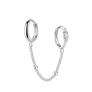Silver Double Huggie Earrings with Chain - 22595