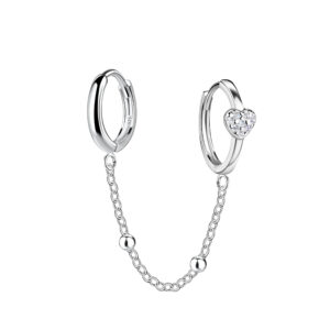 Silver Heart Double Huggie Earrings with Chain - 22596