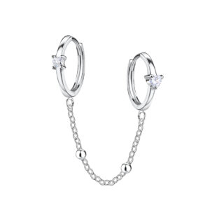 Silver Double Huggie Earrings with Chain - 22597