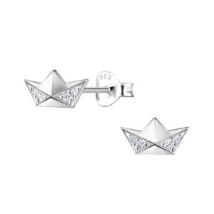 Silver Origami Boat Stud Earrings - 23267