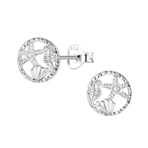 Silver Starfish Seahorse and Shell Stud Earrings - 23276