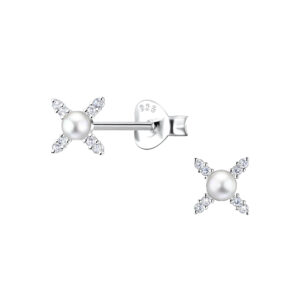 Silver Cross Stud Earrings with Pearl - 23306