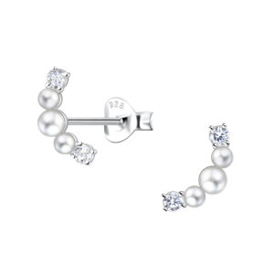 Silver Curved Stud Earrings with Pearl - 23322