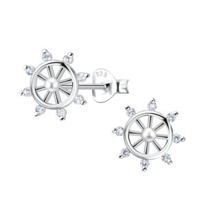 Silver Ship Wheel Stud Earrings - 23535