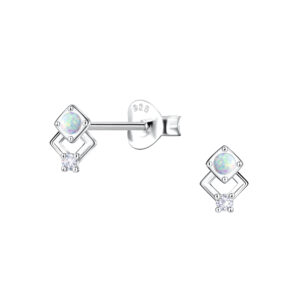 Silver Geometric Opal Stud Earrings - 23648 Silver Geometric Opal Stud Earrings - 23648