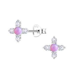 Silver Geometric Opal Stud Earrings - 23670 Silver Geometric Opal Stud Earrings - 23670