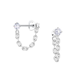 Silver Single Stone Stud Earrings with Chain - 25423 Silver Single Stone Stud Earrings with Chain - 25423