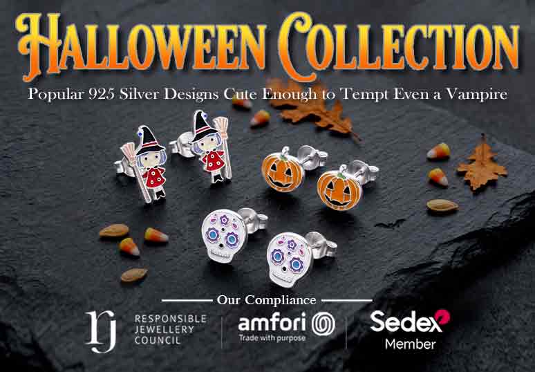 Wholesale 925 silver Halloween stud earrings with colorful enamel witch, jack-o'-lantern pumpkin, and sugar skull designs from 925SilverJewelry by Phoenix Manufacturing for bulk jewelry buyers.